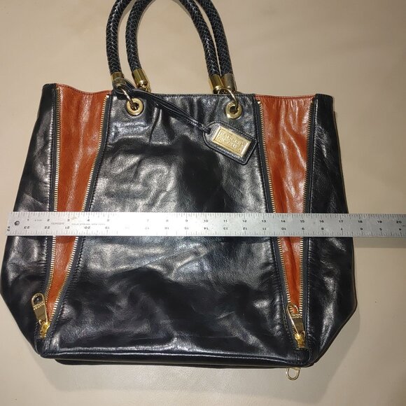 Badgley Mischka Expandable Black Leather Bucket Bag Tote Shopper Mayra Shine - Picture 11 of 16